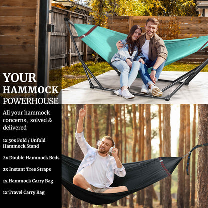 Megsu Tranquillo Comfort Set hammock full set with red stand, ideal for relaxation and outdoor lounging.