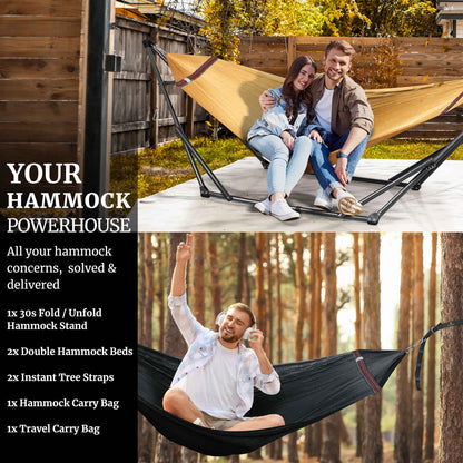 Megsu Tranquillo Comfort Set hammock full set with red hammock and stand, designed for ultimate relaxation and outdoor lounging.