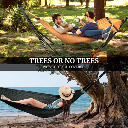 Megsu Tranquillo Comfort Set hammock full set with red hammock and stand, designed for relaxing outdoor or indoor use.
