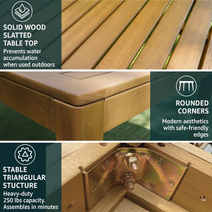 Megsu outdoor classic dining table with a wooden surface and sturdy metal legs, ideal for outdoor dining and gatherings.