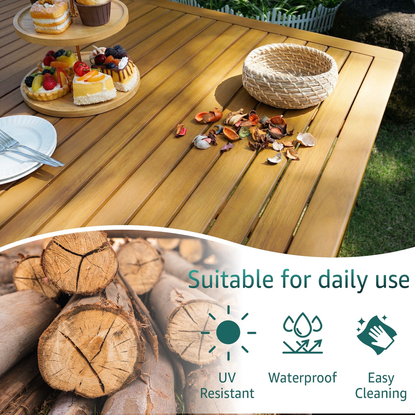 Outdoor classic dining table by Megsu, featuring a sturdy wooden surface and elegant design for outdoor dining spaces.