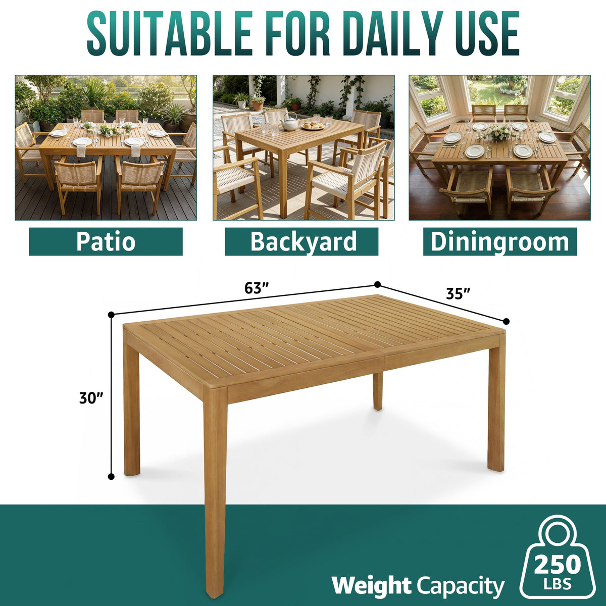 Outdoor Megsu classic dining table with a sturdy wooden top and metal frame, perfect for outdoor patio dining.