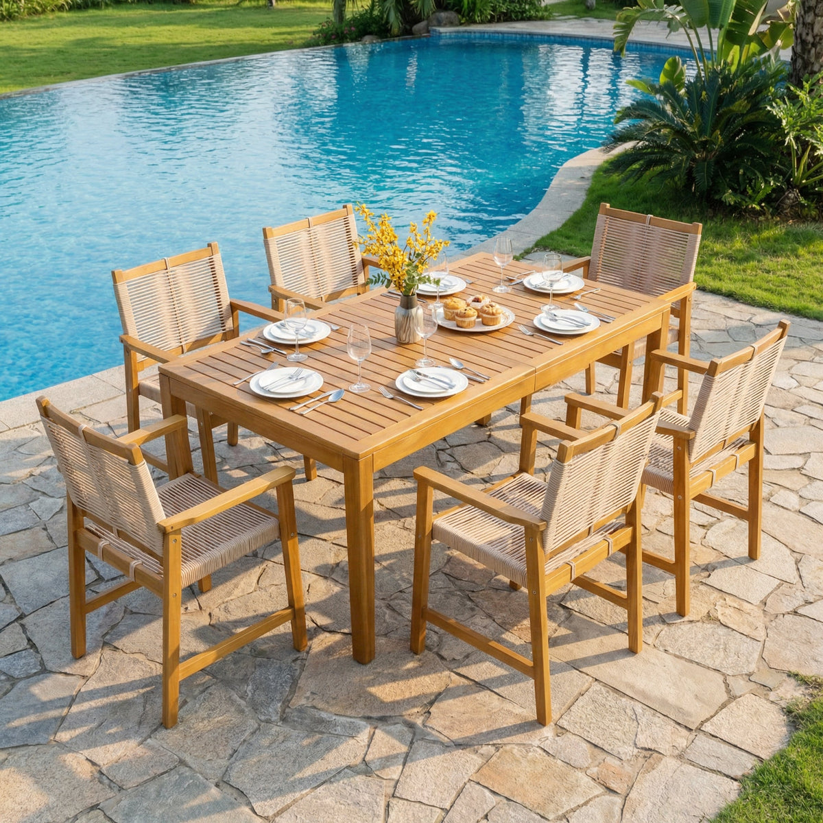 Outdoor Megsu classic dining table with a wooden finish, perfect for outdoor dining and gatherings.