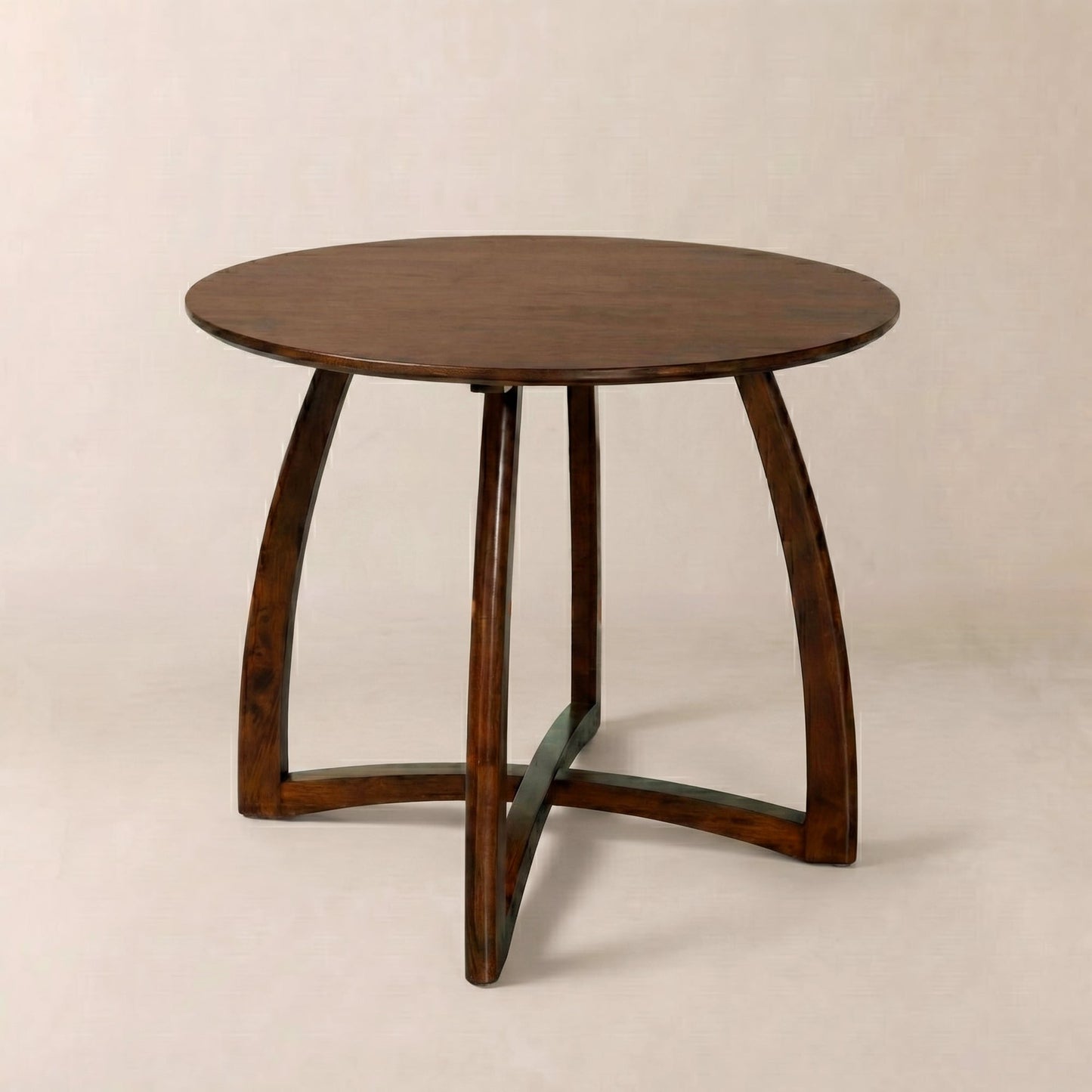 Natural wood Alma 36-inch round dining table by Megsu with a smooth, polished surface and sturdy wooden legs.