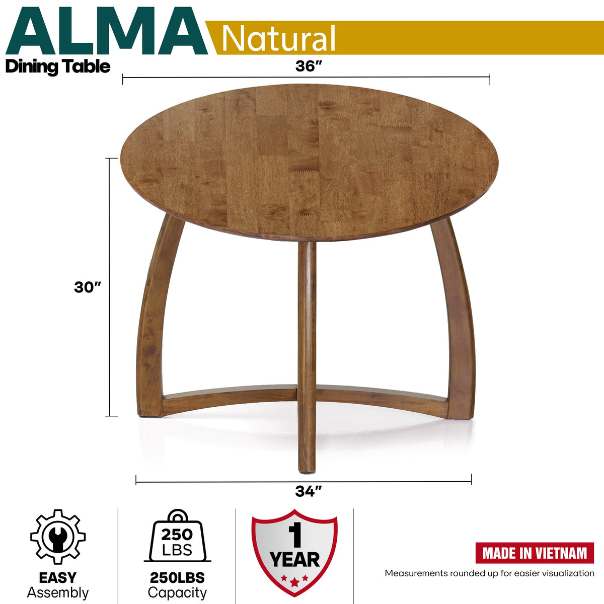 Natural wood Alma 36-inch round dining table by Megsu, showing its smooth surface and sturdy wooden legs.