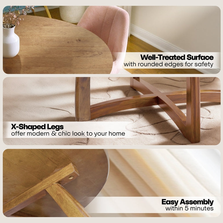 Natural Alma 36-inch round dining table by Megsu, showcasing smooth wooden surface and sturdy table legs.
