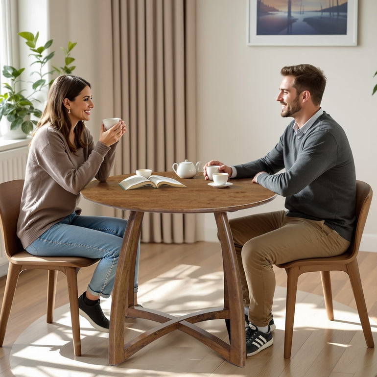 Natural wood Alma 36-inch round dining table by Megsu, showing smooth surface and sturdy wooden legs.