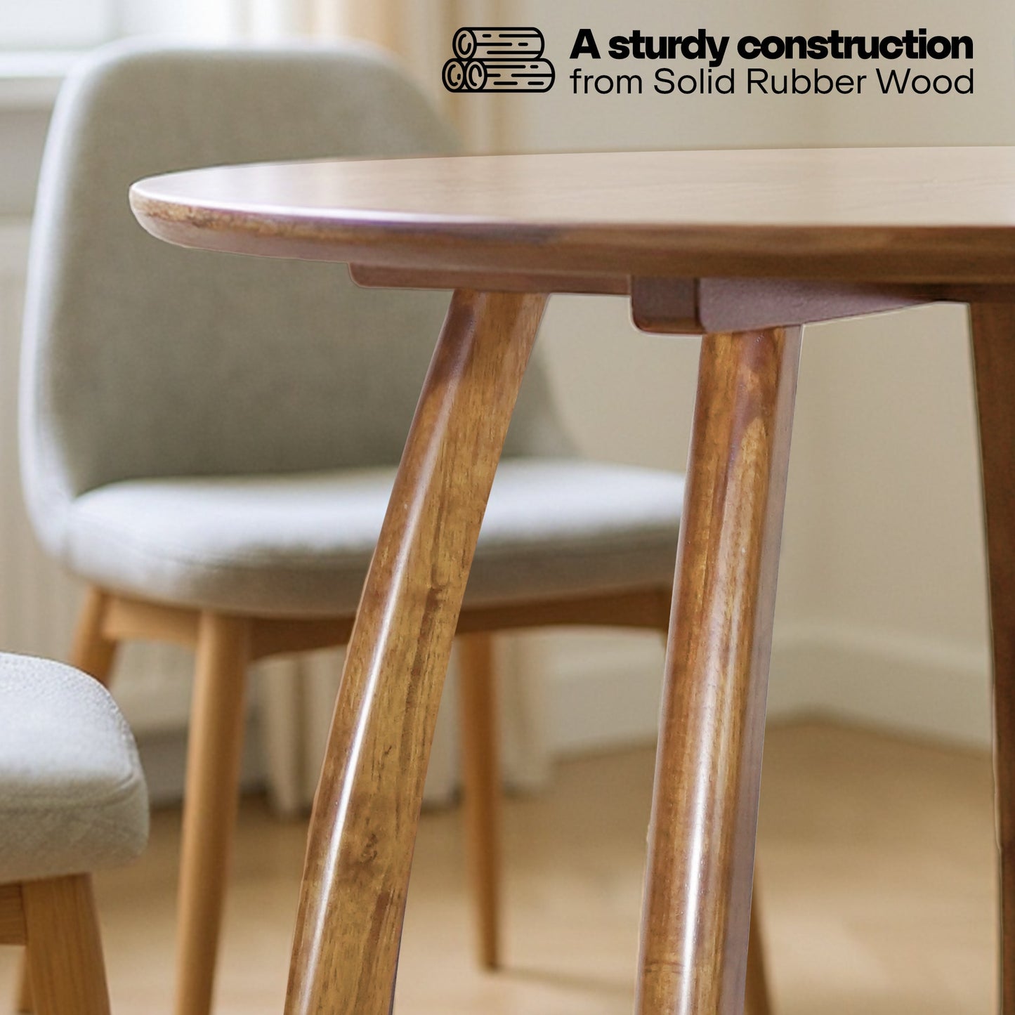 Natural wood Alma 36-inch round dining table by Megsu, showcasing smooth tabletop and sturdy legs for casual dining spaces.