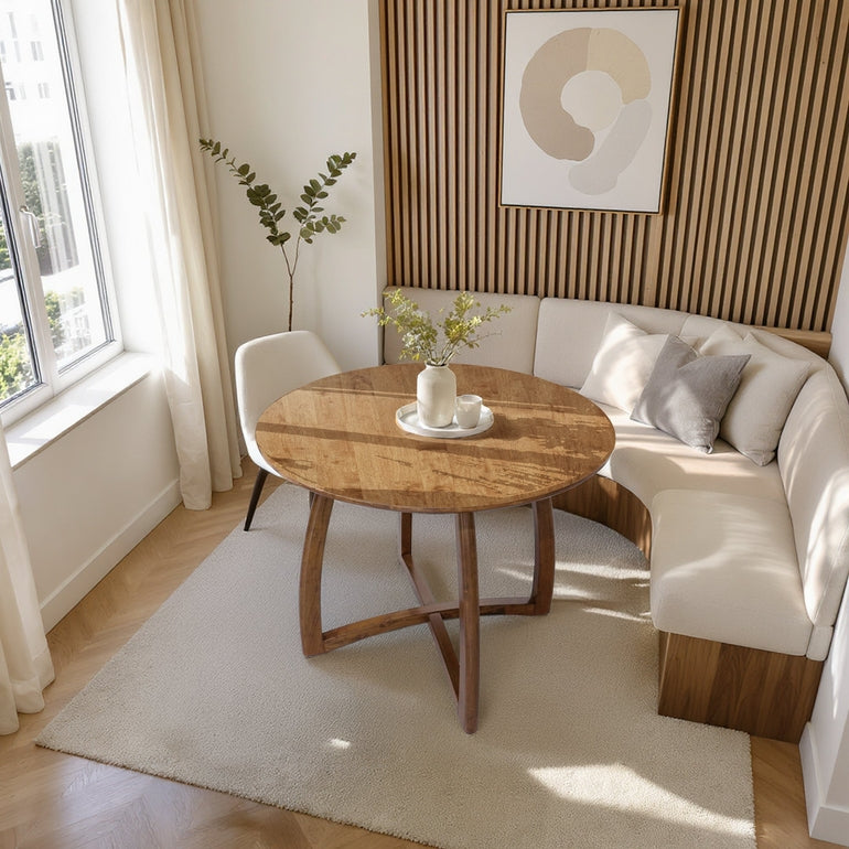 Natural Alma 36-inch round dining table by Megsu, showcasing smooth wooden surface and sturdy table legs.