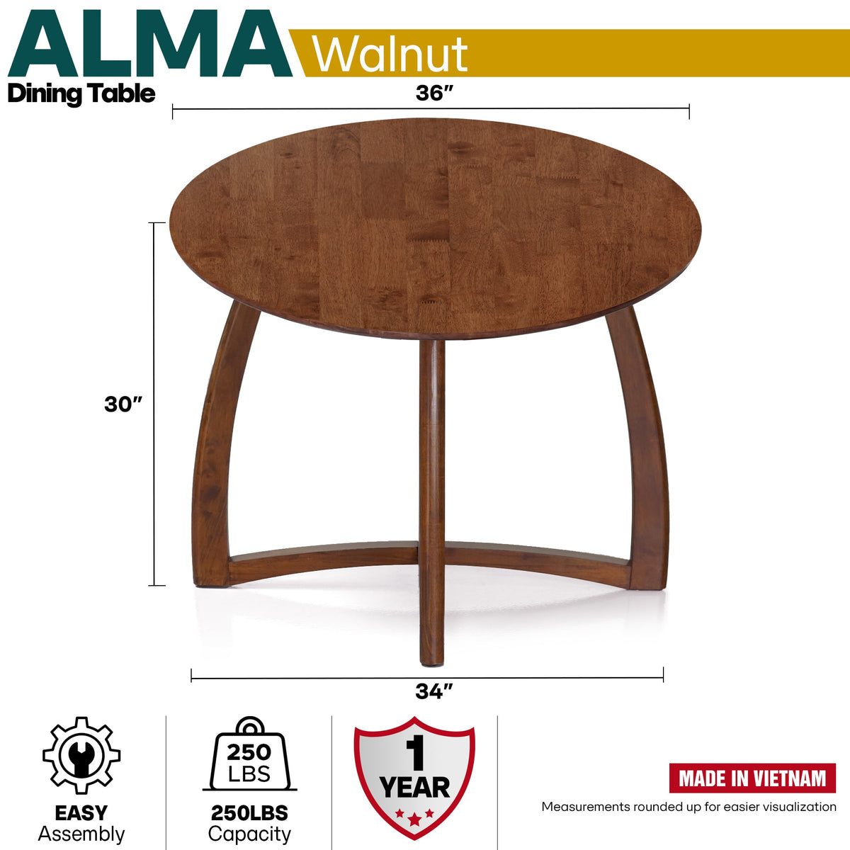 Natural wood Alma 36-inch round dining table by Megsu, showcasing smooth surface and sturdy wooden legs.