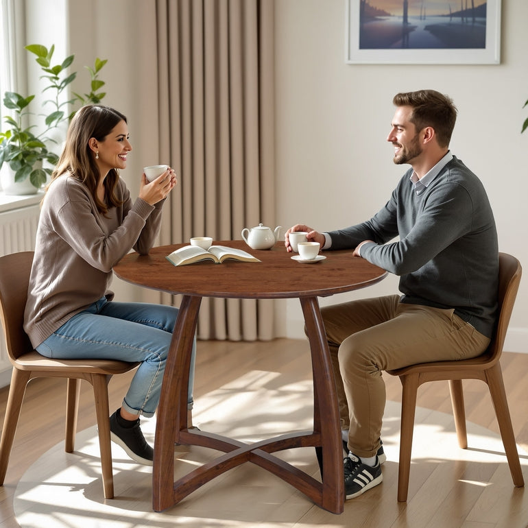 Natural wood Alma 36-inch round dining table by Megsu, showcasing smooth finish and sturdy round table design.