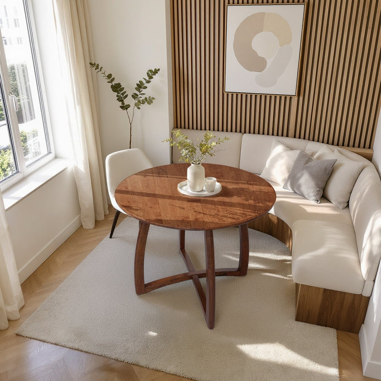 Natural wood Alma 36-inch round dining table by Megsu, showcasing smooth surface and sturdy design for dining space.