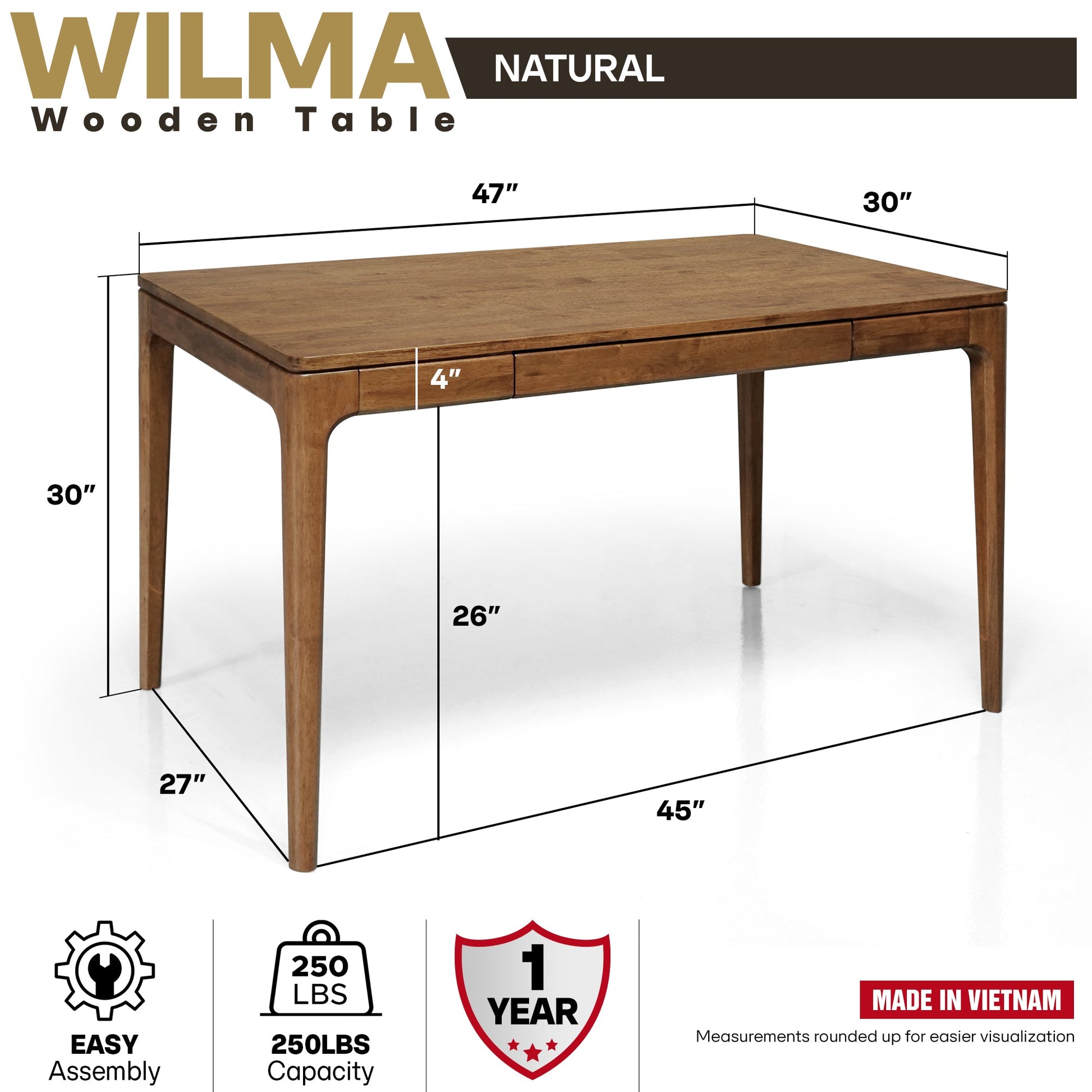 Wilma 48-inch rubber wood desk by Megsu, natural finish, rectangular table for home or office workspace.