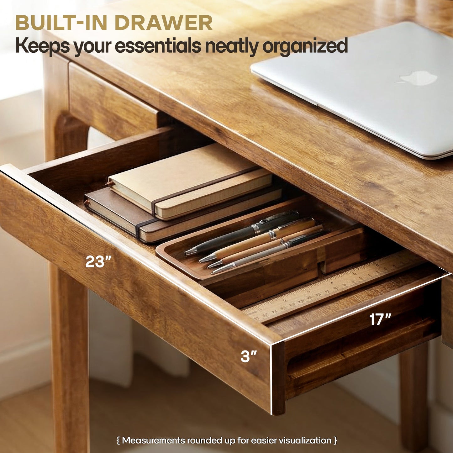 Wilma 48-inch rubber wood desk by Megsu, natural finish table with sturdy wooden surface and modern design.