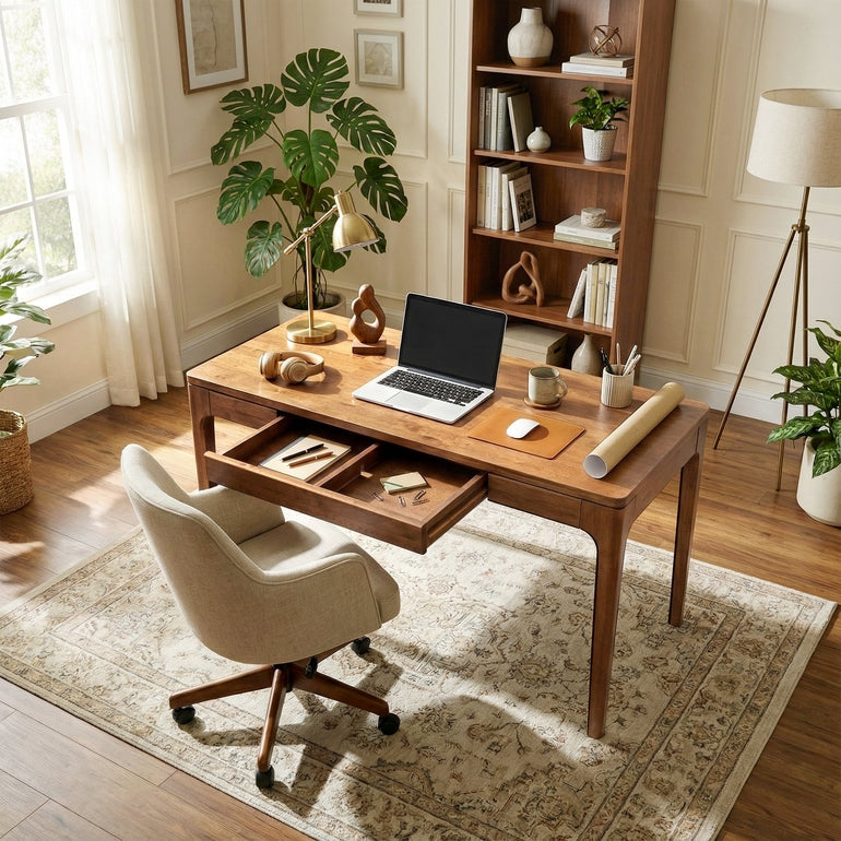 Wilma 48-inch rubber wood desk by Megsu, a natural wooden table with a sturdy surface and simple design for home or office use.