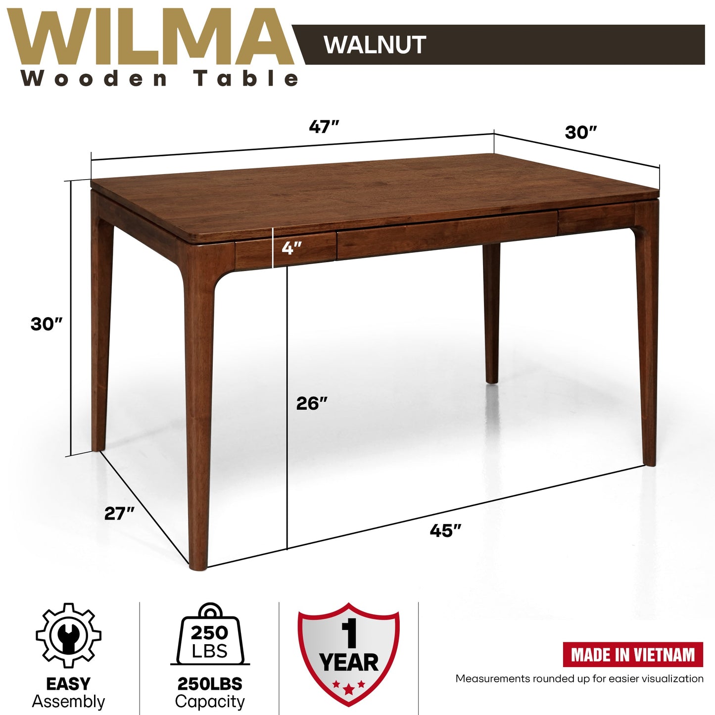 Wilma 48-inch rubber wood desk by Megsu, natural finish table with sturdy wooden surface and simple modern design.