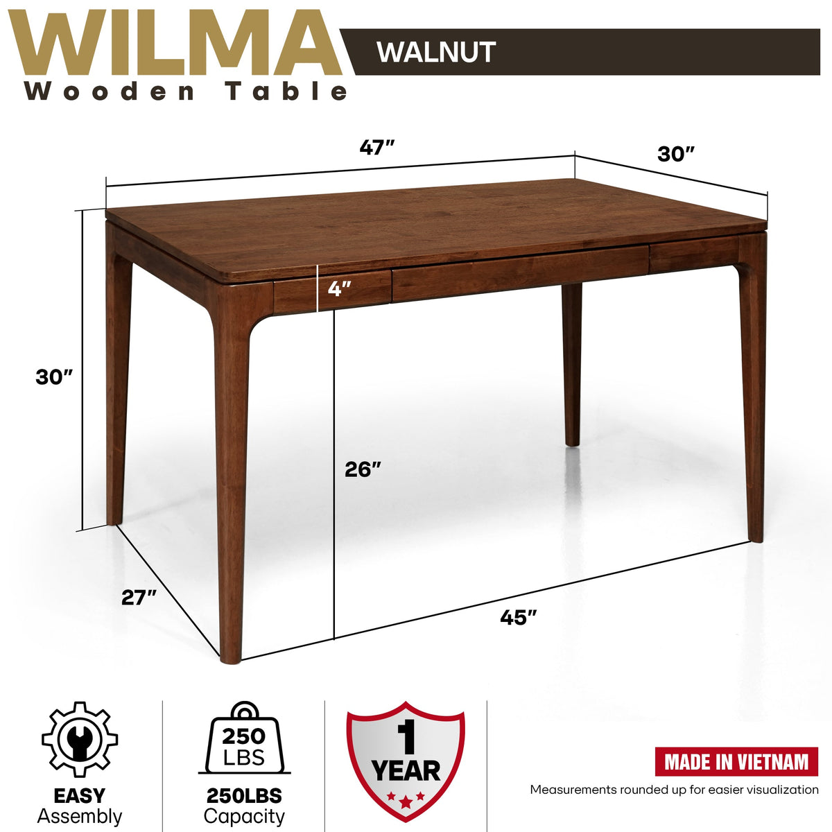 Wilma 48-inch rubber wood desk by Megsu, natural finish table with sturdy wooden surface and simple modern design.