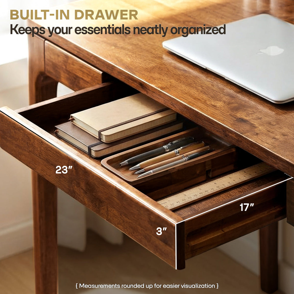 Wilma 48-inch rubber wood desk by Megsu, natural wood table with sturdy tabletop and sleek design for workspace.