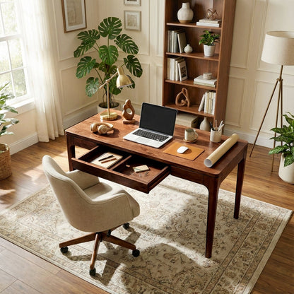 Wilma 48-inch rubber wood desk by Megsu, sturdy table with natural wood finish, ideal for home or office workspace.