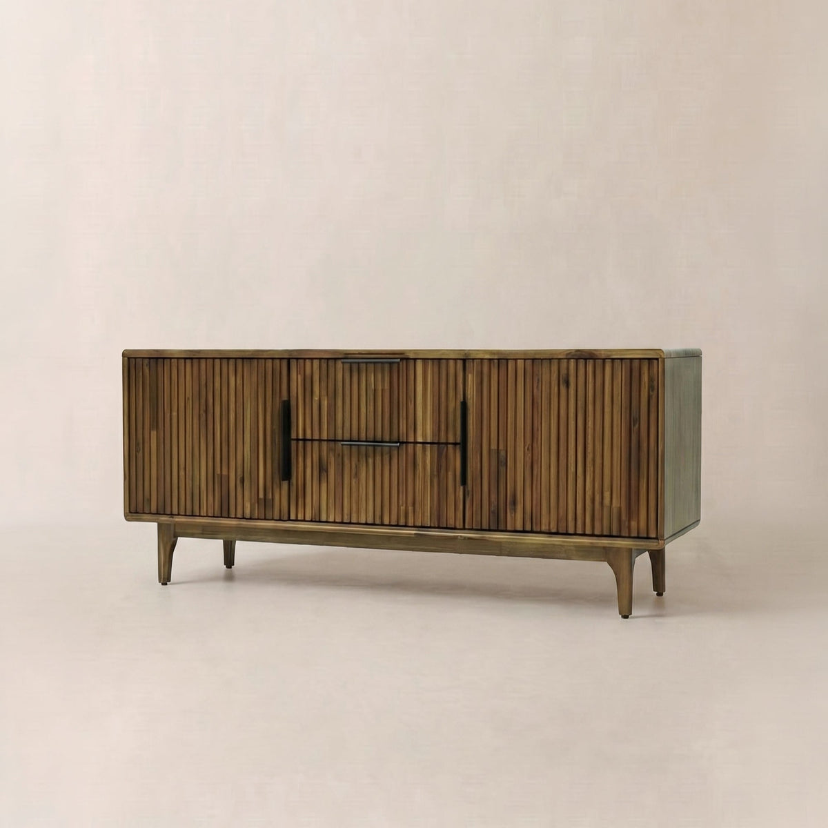 Walnut Bosk Wood Fluted TV Stand by Megsu with sleek design and storage compartments for modern living rooms.