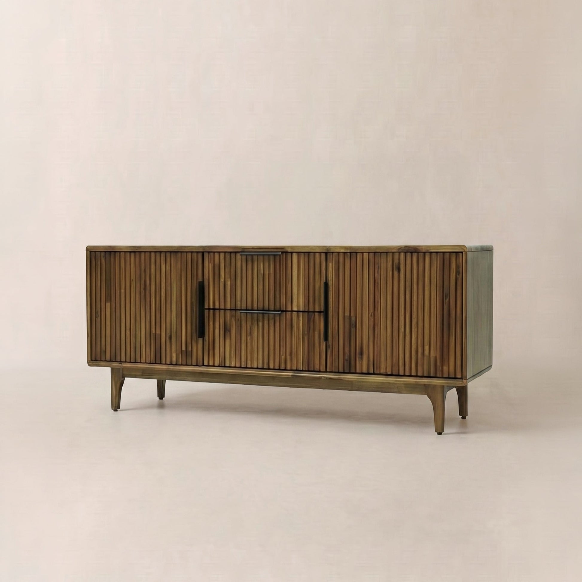 Walnut Bosk Wood Fluted TV Stand by Megsu with sleek design and storage compartments for modern living rooms.