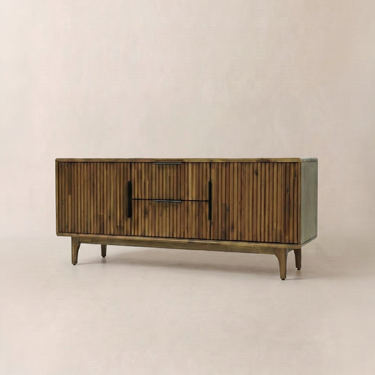 Walnut Bosk Wood Fluted TV Stand by Megsu with sleek design and storage compartments for modern living rooms.