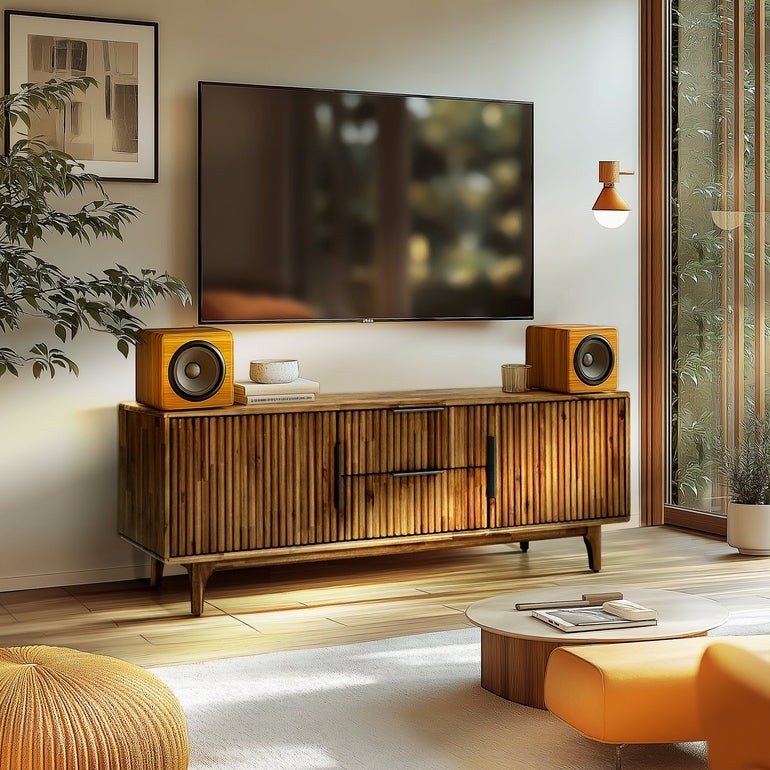 Bosk wood fluted Megsu TV stand in walnut finish, modern design with sleek lines and open shelving for living room setup.
