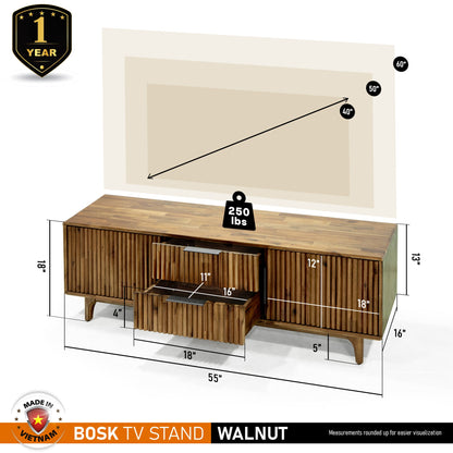 Megsu Bosk Wood Fluted TV Stand in walnut finish, showcasing sleek design and textured fluted panels for modern home decor.