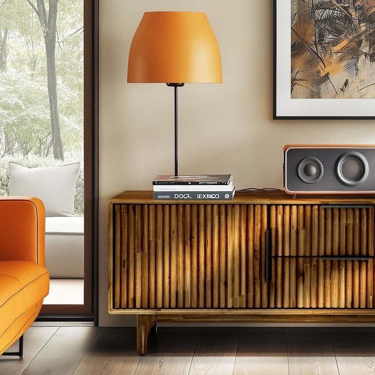 Wood fluted Bosk TV stand by Megsu in walnut finish, featuring a modern design with open shelves and storage compartments.