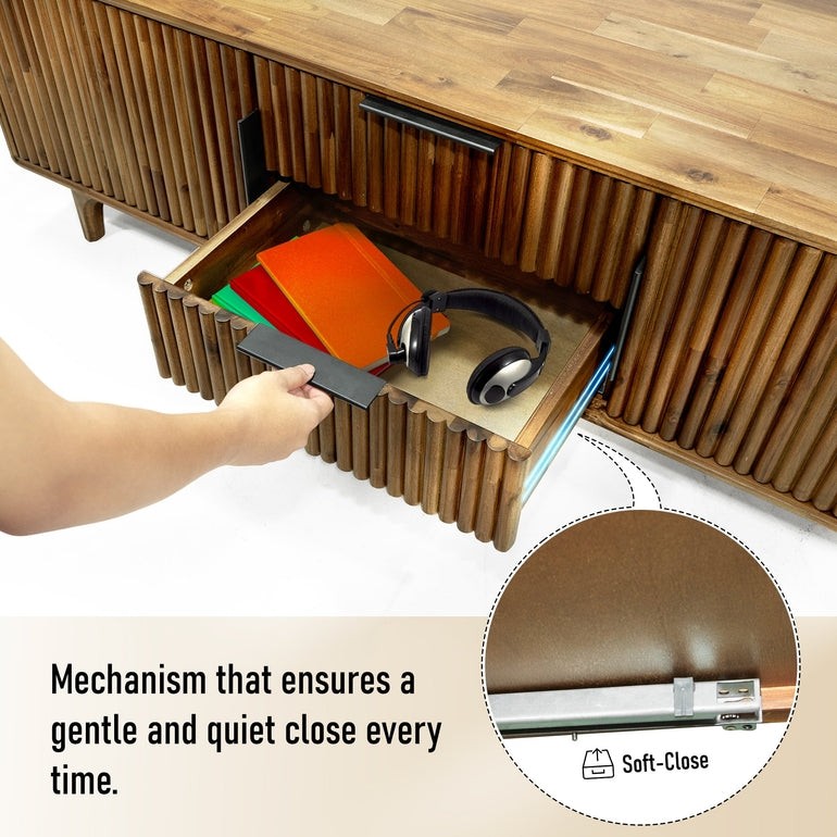 Wood fluted Bosk TV stand by Megsu in walnut finish, showcasing sleek design and storage compartments.