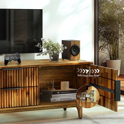 Walnut Bosk Wood Fluted TV Stand by Megsu showing sleek design and storage compartments for modern living rooms.