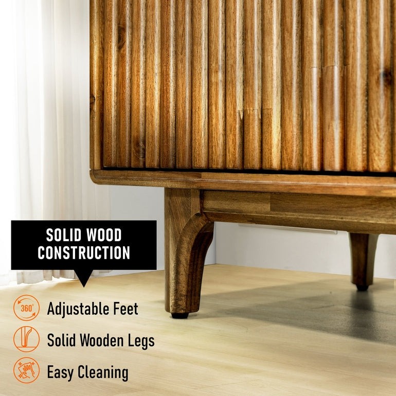 Megsu Bosk Wood Fluted TV Stand in walnut finish, showcasing sleek design and ample storage space for modern living rooms.