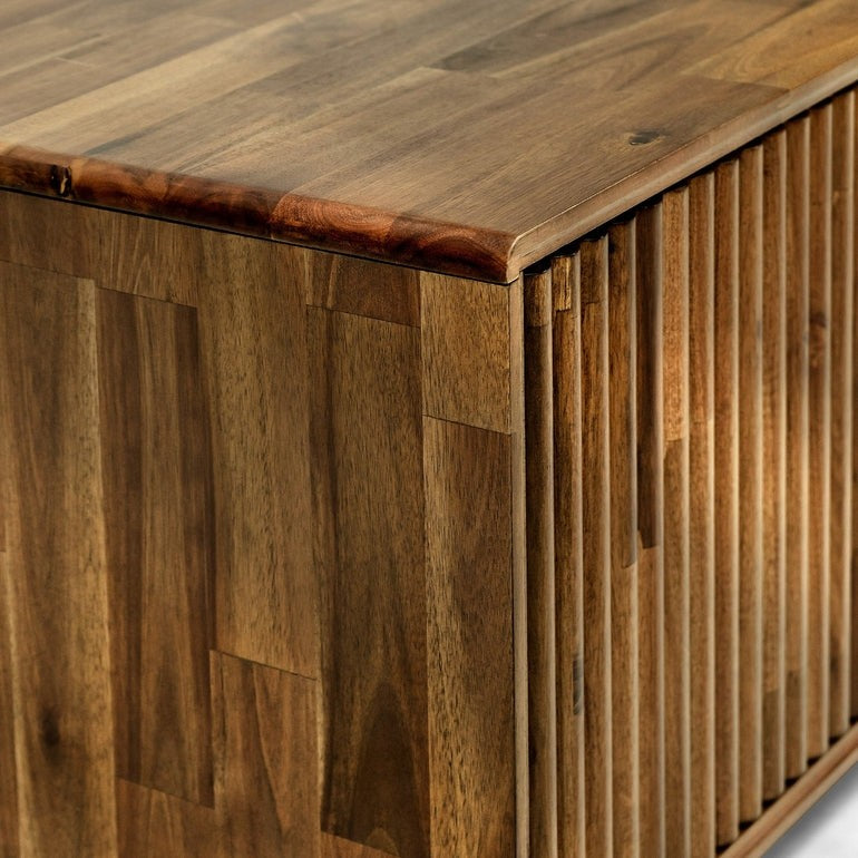 Wood fluted Bosk TV stand by Megsu in walnut finish, showcasing a modern design with sleek lines and ample storage space.