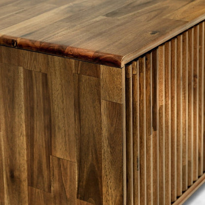 Wood fluted Bosk TV stand by Megsu in walnut finish, showcasing a modern design with sleek lines and ample storage space.