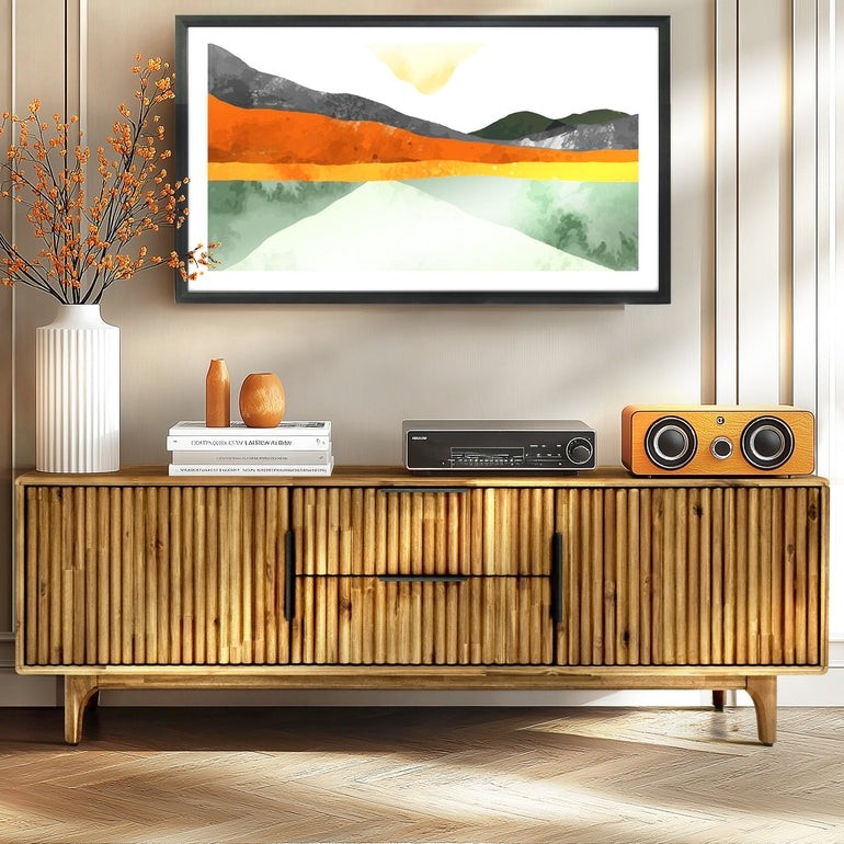 Wood fluted Walnut Megsu Bosk TV stand with sleek design and open shelving for modern living room decor.