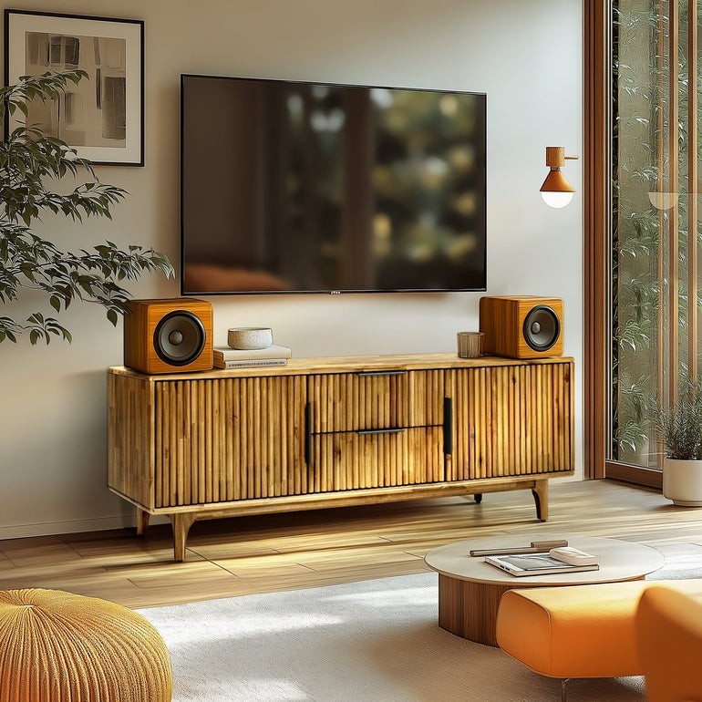 Modern Megsu Bosk Wood fluted TV stand in walnut finish, featuring clean lines and ample storage space.