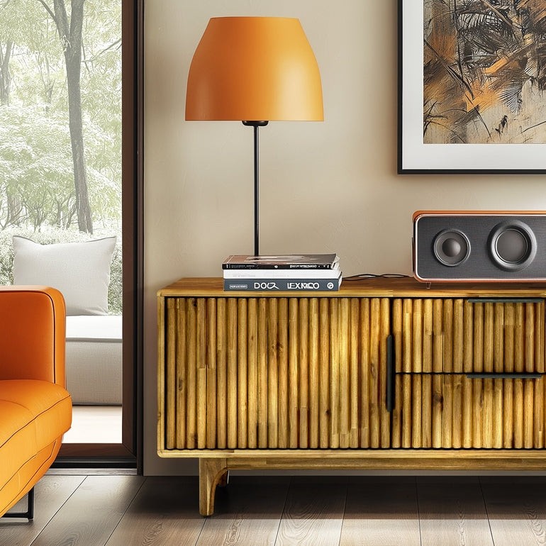 Walnut Bosk Wood fluted TV stand by Megsu with sleek, modern design and ample storage space for entertainment equipment.
