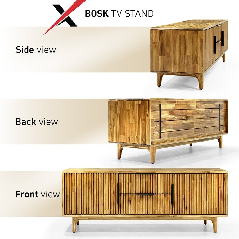Wood fluted Bosk TV stand by Megsu in walnut finish, showcasing sleek design and ample storage space.