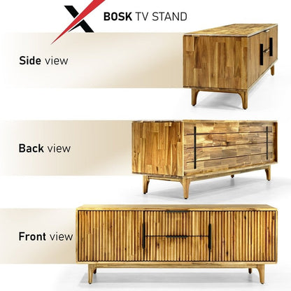 Wood fluted Bosk TV stand by Megsu in walnut finish, showcasing sleek design and ample storage space.