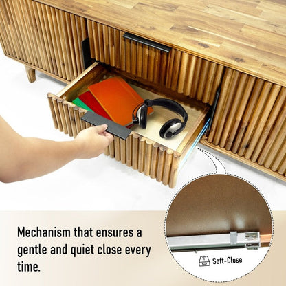 Walnut Bosk Wood Fluted TV Stand by Megsu with modern design and open shelving for media devices.
