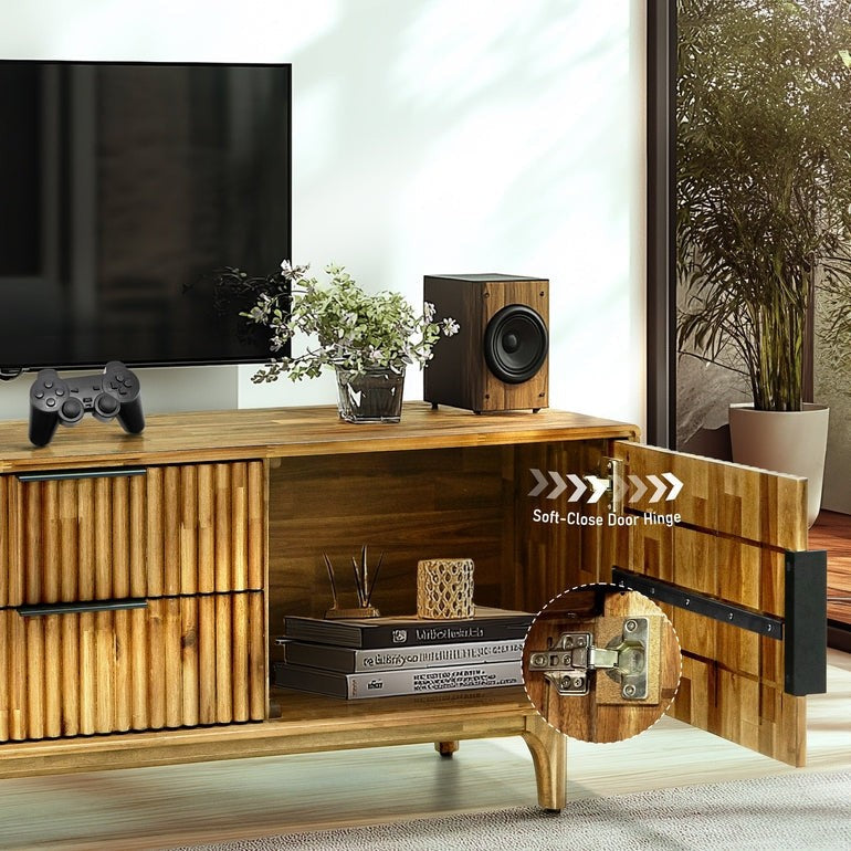 Walnut Bosk Wood fluted TV stand by Megsu featuring a sleek, modern design with open storage compartments.