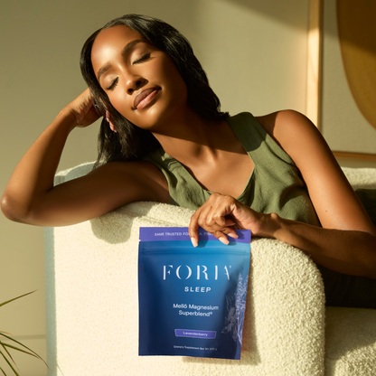 Foria Mellö Magnesium Pouch with natural fibers and minimalist design, displayed in a lifestyle setting.
