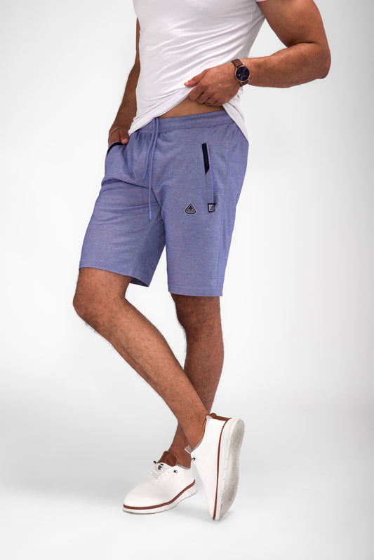 Light blue SCR Sportswear men's athletic shorts with zipper pockets and an 11-inch inseam for all-day comfort.