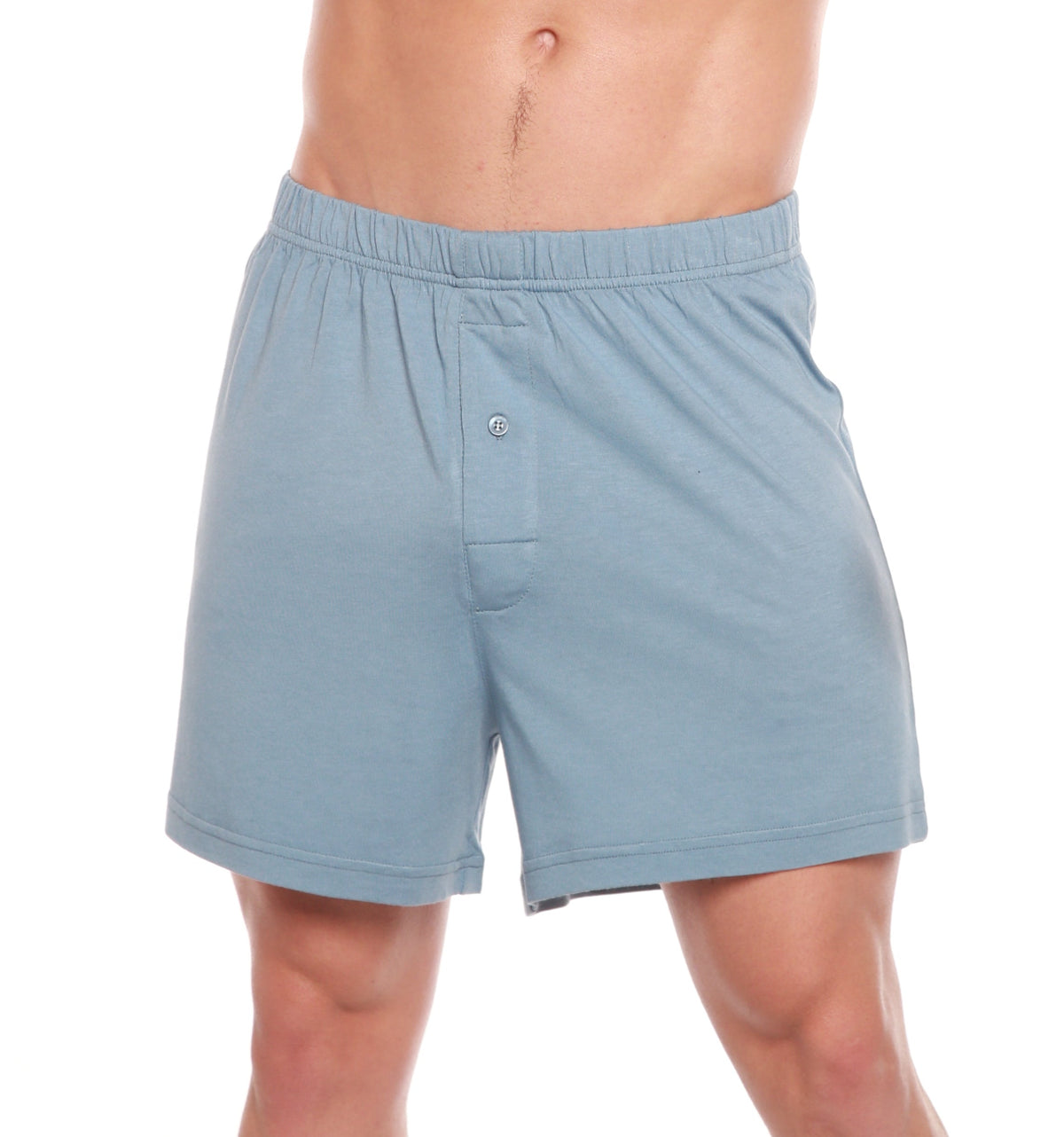 Men's bamboo boxer shorts in steel blue, made by Spun Bamboo, cotton blend, comfortable elastic waistband, laid flat.