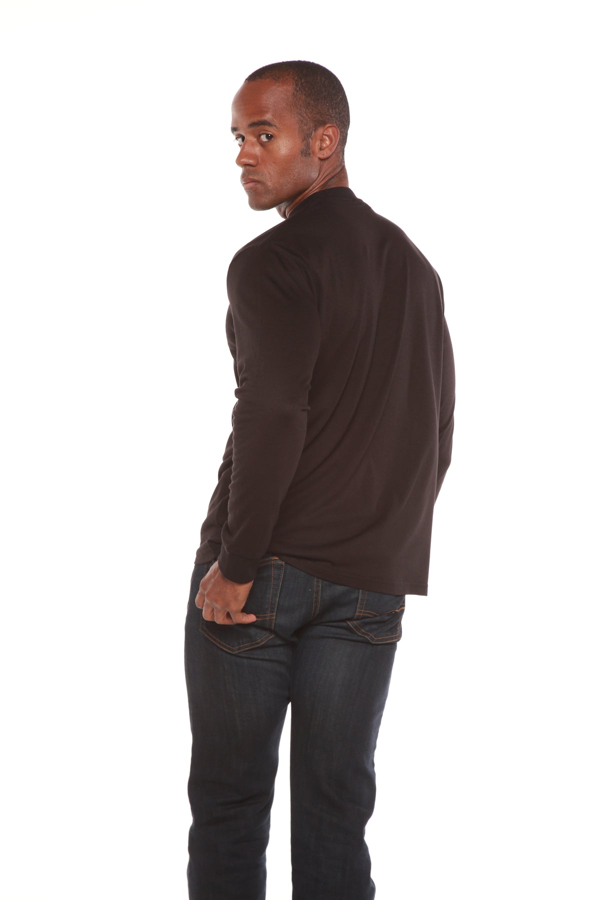 Men's long sleeve T-shirt by Spun Bamboo made from bamboo viscose and organic cotton, shown with a relaxed fit and natural fabric texture.
