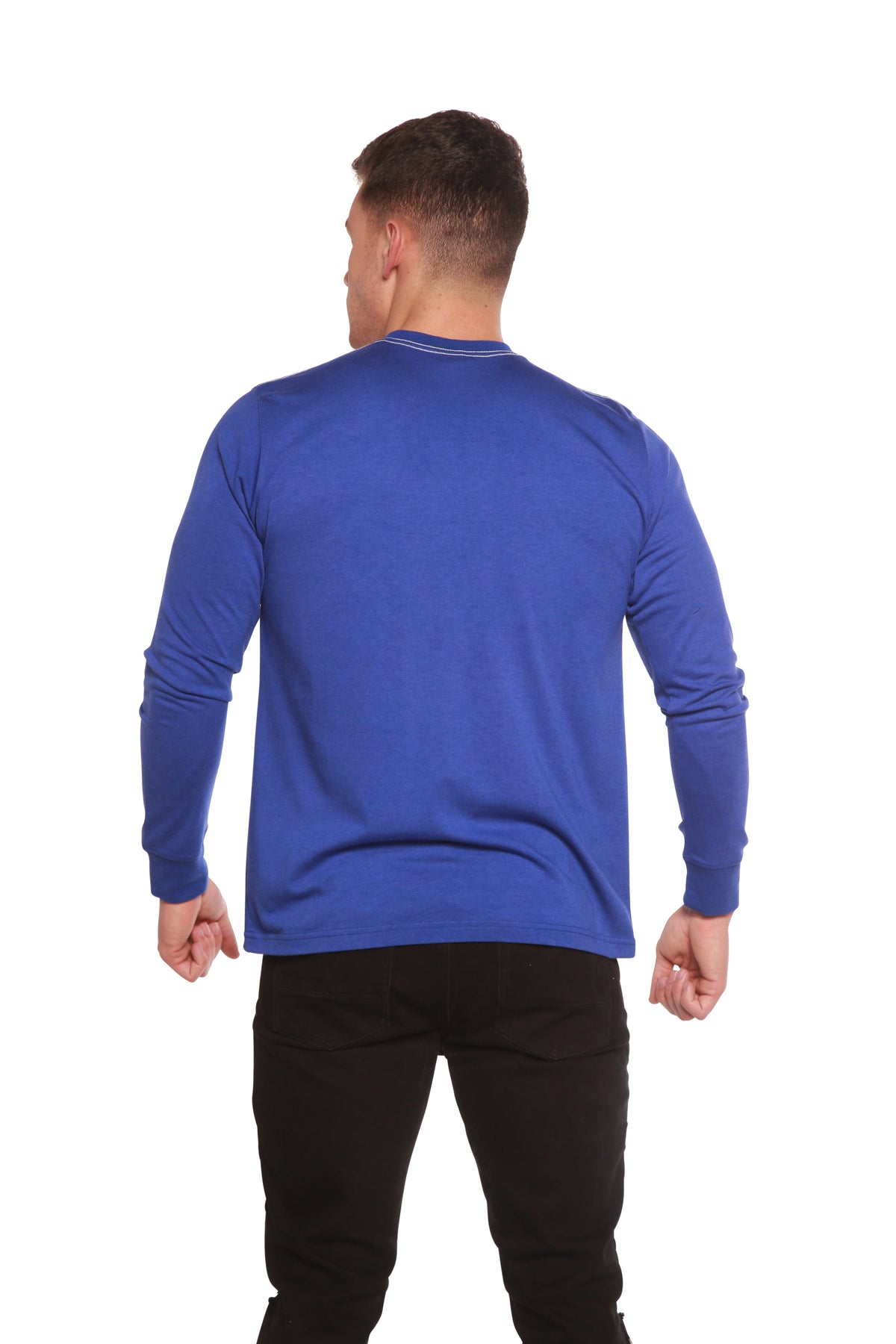 Men's long sleeve T-shirt by Spun Bamboo in bamboo viscose and organic cotton, shown in a natural fit with a crew neckline.