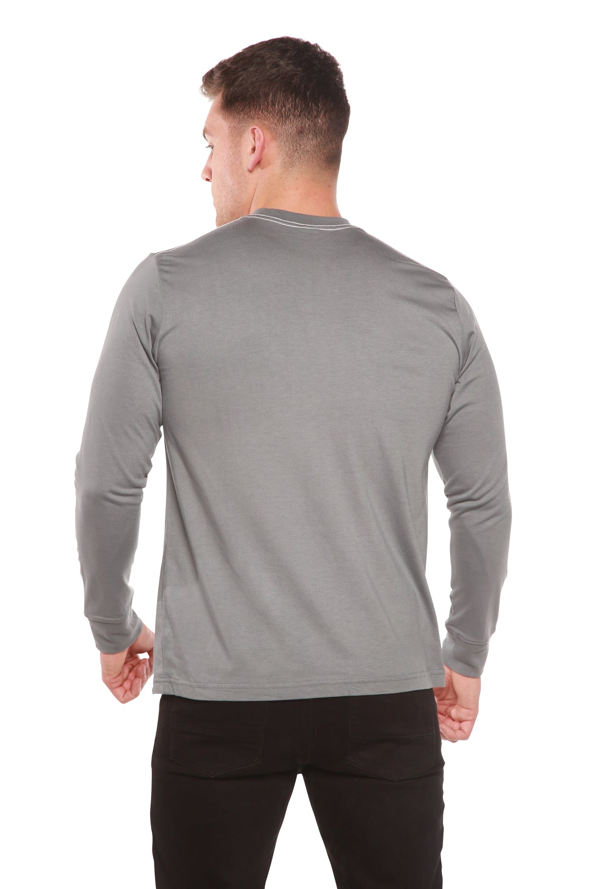 Men's long sleeve bamboo viscose and organic cotton T-shirt by Spun Bamboo, shown in a natural fit with soft fabric details.