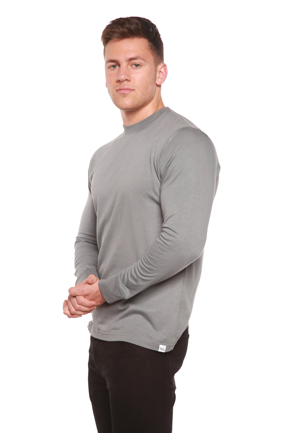 Men's long sleeve T-shirt by Spun Bamboo, made from bamboo viscose and organic cotton, shown in a natural fit and soft fabric.