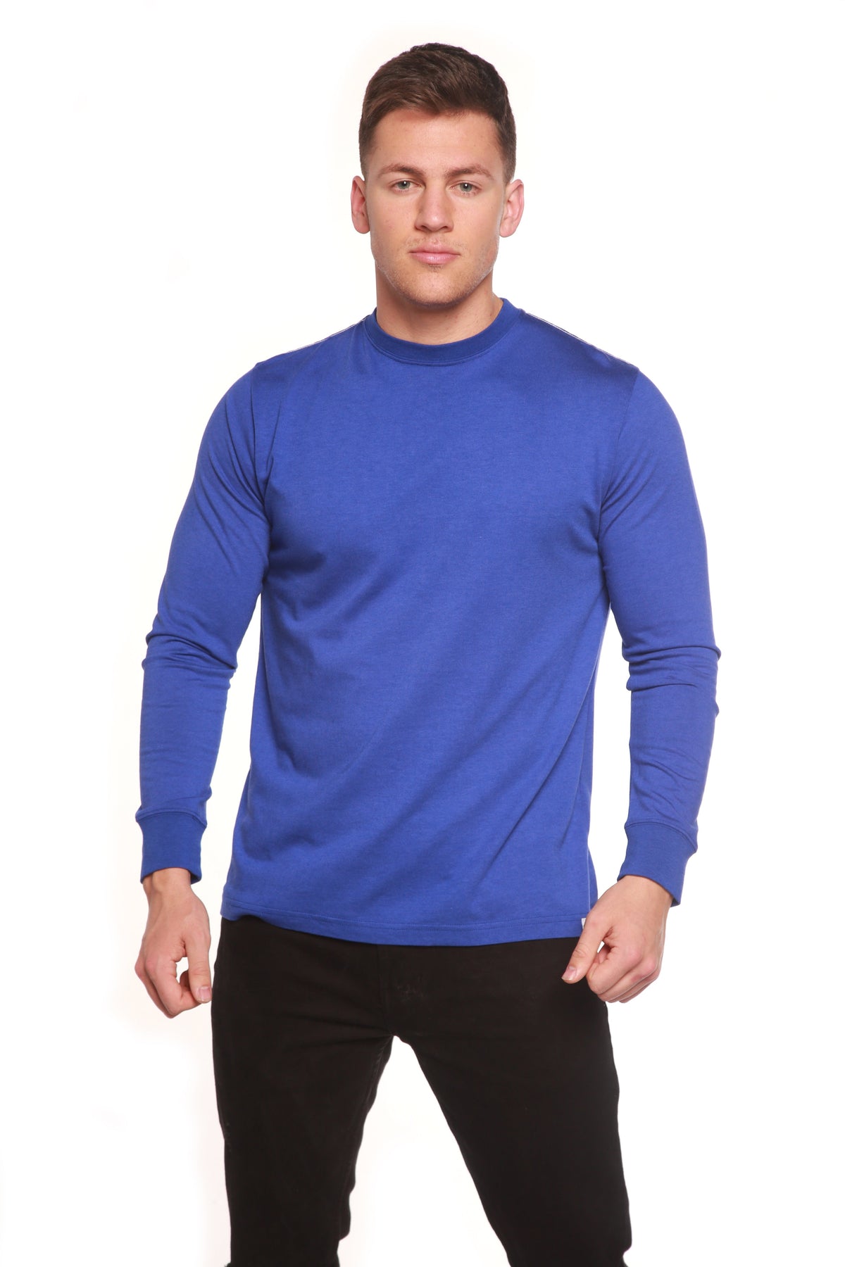 Men's long sleeve T-shirt by Spun Bamboo made of bamboo viscose and organic cotton in a relaxed fit, displayed on a hanger.