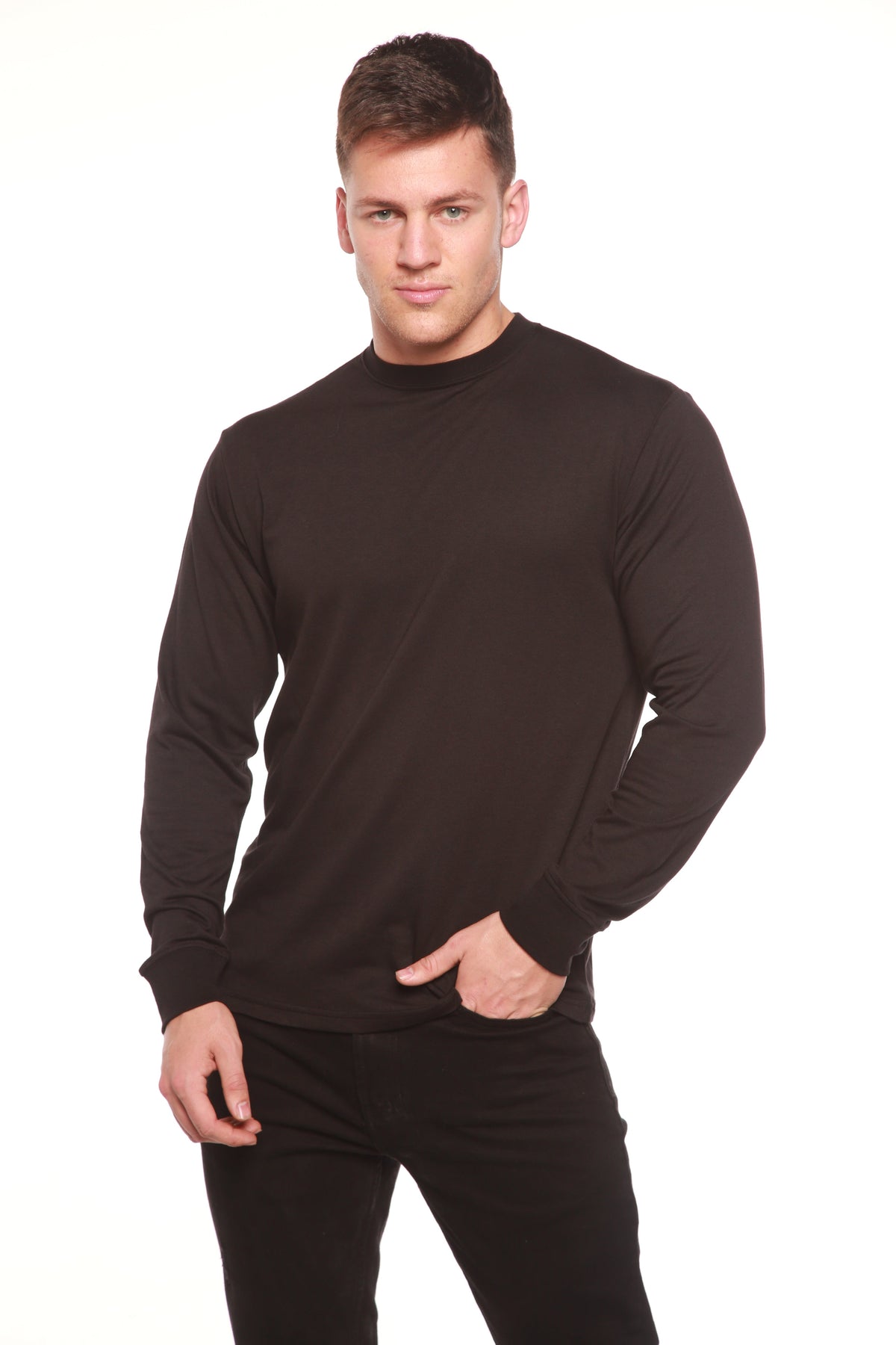 Men's long sleeve T-shirt by Spun Bamboo in bamboo viscose and organic cotton, featuring a comfortable, fitted design.